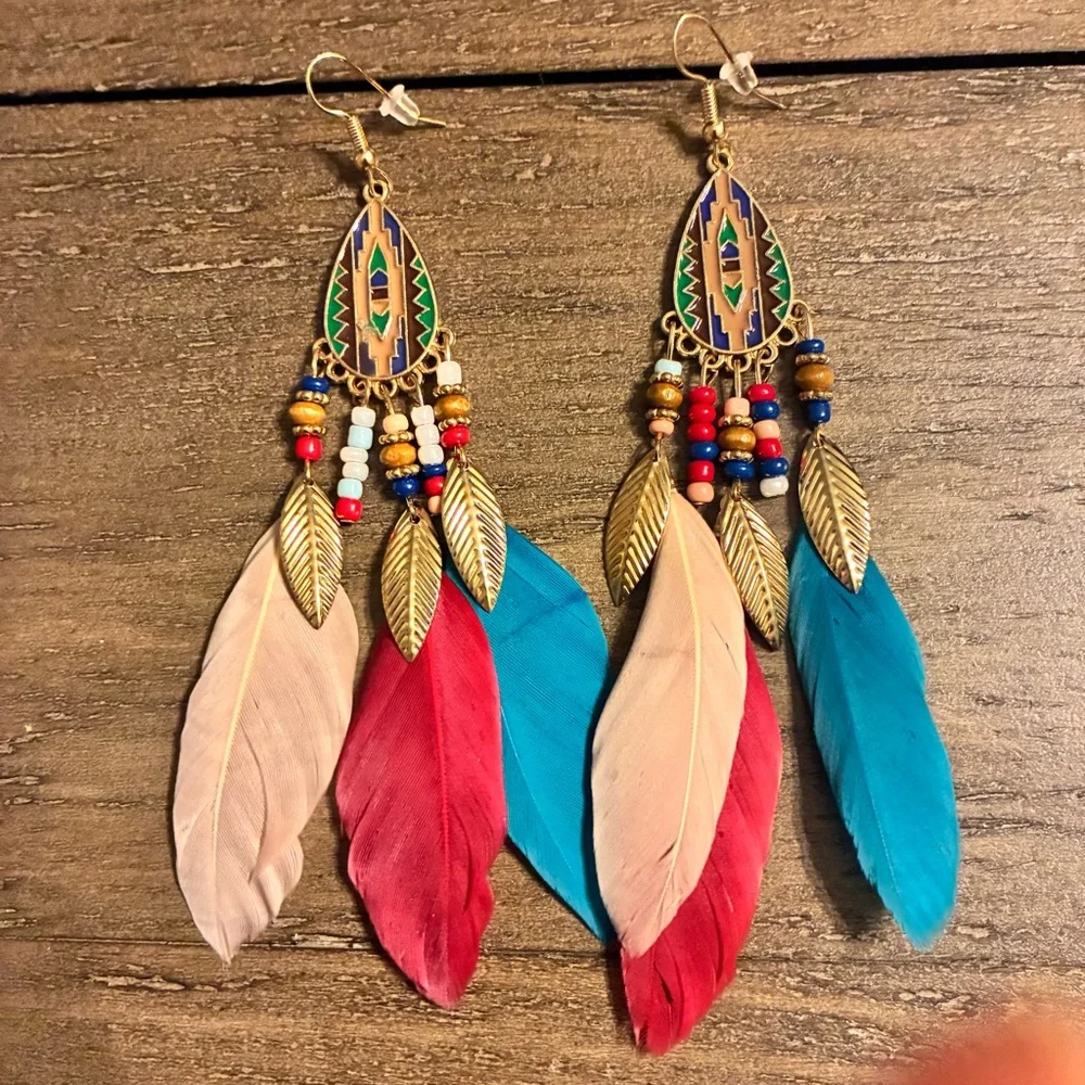 Boho Feather Dangle Earrings Southwestern Aztec Beaded Statement Jewelry NEW - Picture 2 of 6